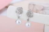 Freshwater Pearl Earrings 925 Sterling Silver Carving Roses Flower Wedding