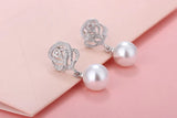 Freshwater Pearl Earrings 925 Sterling Silver Carving Roses Flower Wedding