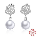 Freshwater Pearl Earrings 925 Sterling Silver Carving Roses Flower Wedding