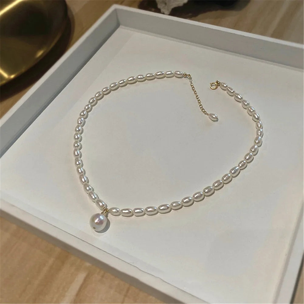 Freshwater Pearl Necklace Choker Vintage Round Beads Chain Pendant 14K Filled