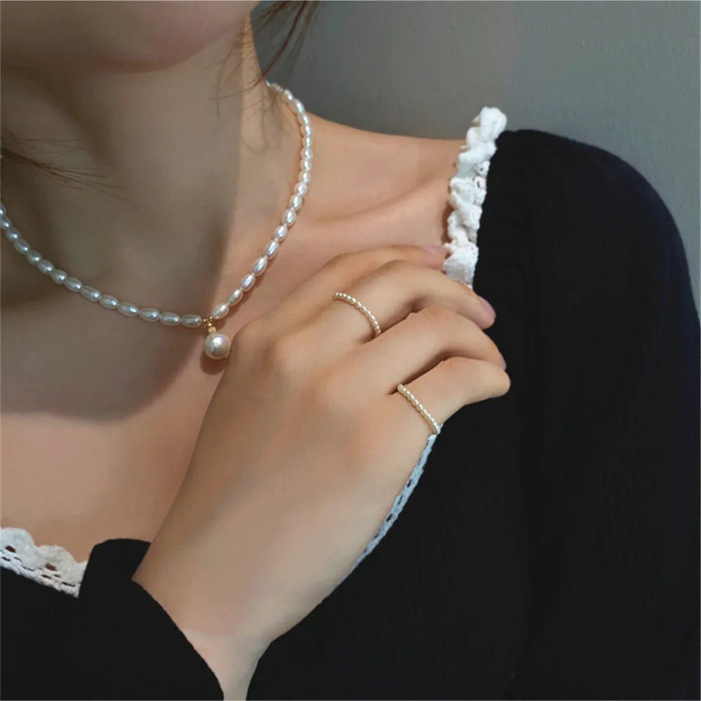 Freshwater Pearl Necklace Choker Vintage Round Beads Chain Pendant 14K Filled