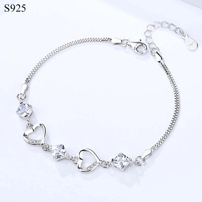 925 Silver Heart Bracelet Bangle Purple CZ Women Jewelry