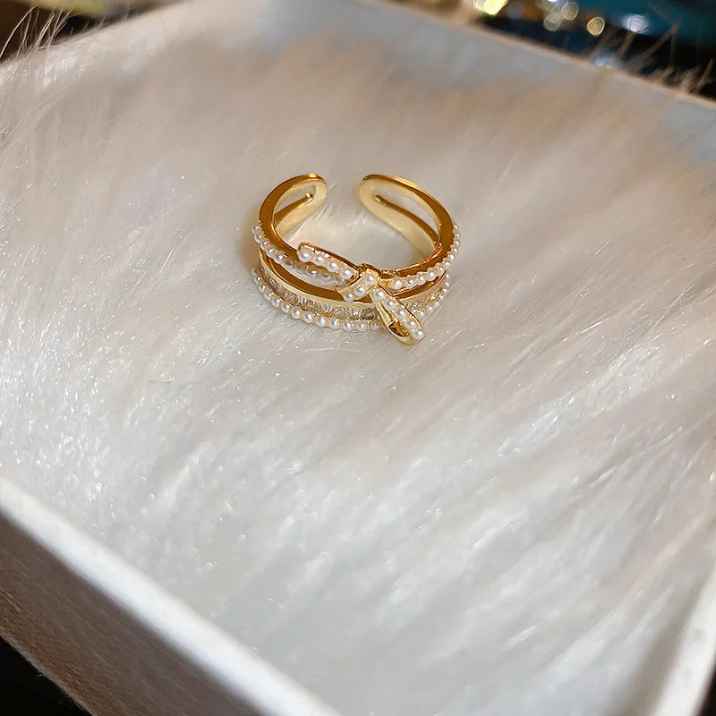 Electroplated Pearl Bow Knot Open Ring