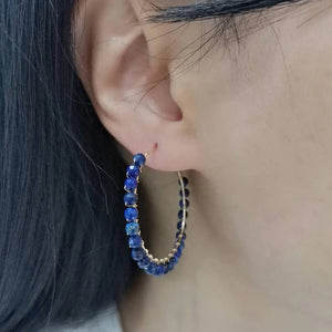 Lapis Lazuli Hoops Earrings Faceted Gemstones 14K Filled Wire Wrap Circle