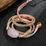 Handwoven Pink Stone Crystal Bead Wrap Bracelet Women Love Gemstone Boho Style