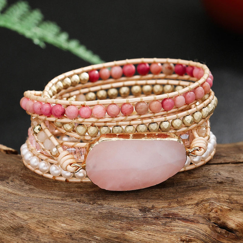 Handwoven Pink Stone Crystal Bead Wrap Bracelet Women Love Gemstone Boho Style
