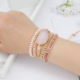 Handwoven Pink Stone Crystal Bead Wrap Bracelet Women Love Gemstone Boho Style