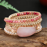 Handwoven Pink Stone Crystal Bead Wrap Bracelet Women Love Gemstone Boho Style