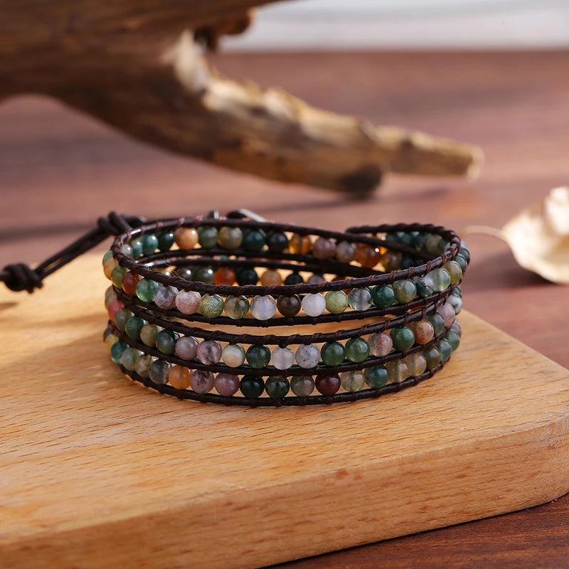 Indian Agate 3 Wraps Leather Cuff Bracelet