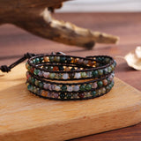 Indian Agate 3 Wraps Leather Cuff Bracelet