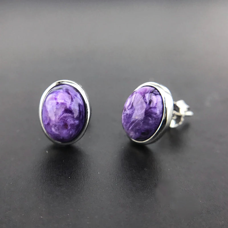 Charoite Earrings 8mm Sterling Silver Gemstone for Women Wedding Anniversary