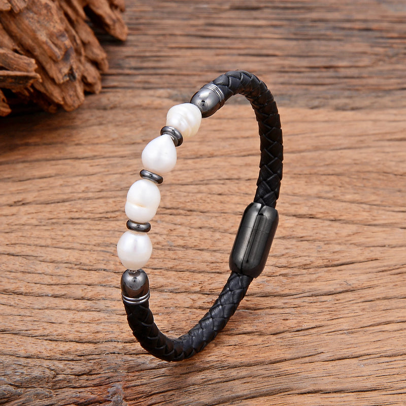Real Natural Freshwater Pearl Charm Leather Bracelet Women Wedding Jewelry