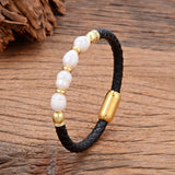 Real Natural Freshwater Pearl Charm Leather Bracelet Women Wedding Jewelry