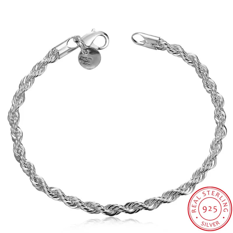 925 Silver Rope Chain Bracelet 4mm Twist Bangle Men Women Jewelry Gift