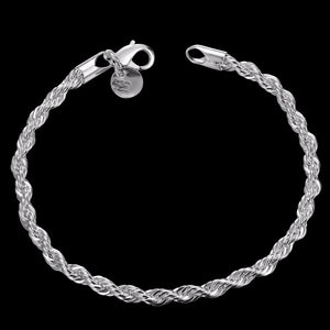 925 Silver Rope Chain Bracelet 4mm Twist Bangle Men Women Jewelry Gift