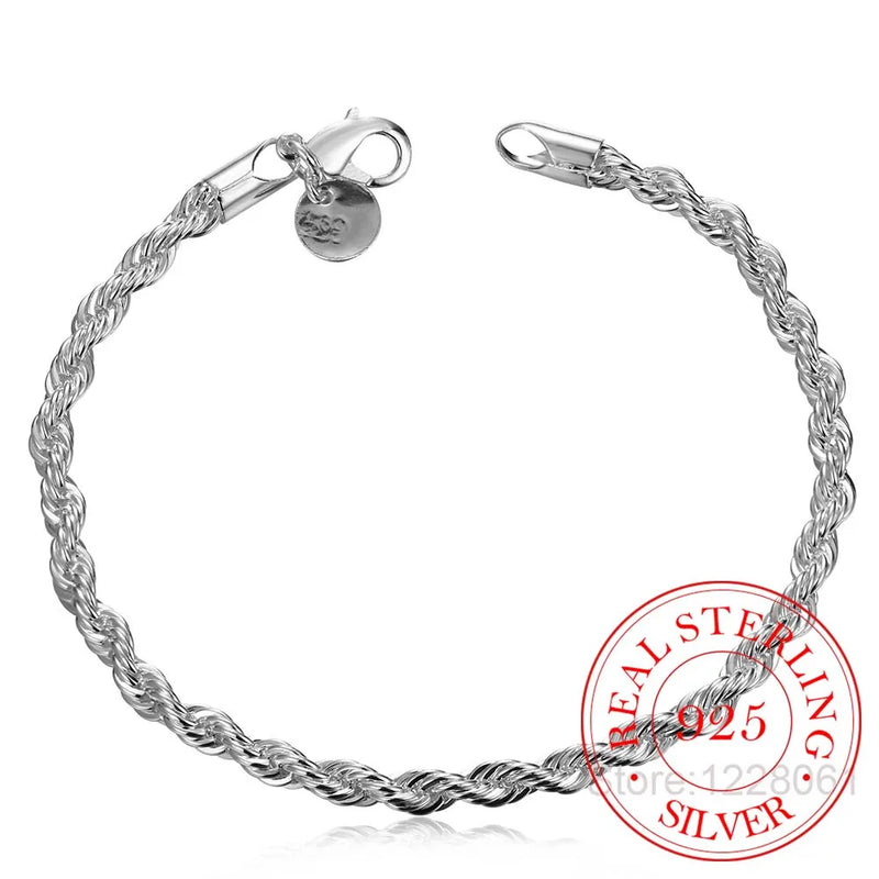 925 Sterling Silver 4mm Rope Chain Bracelet Bangle