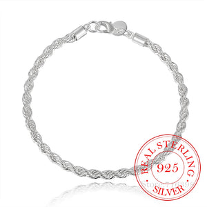 925 Sterling Silver Bracelet 4mm Twist Rope Chain Bangles for Men Women