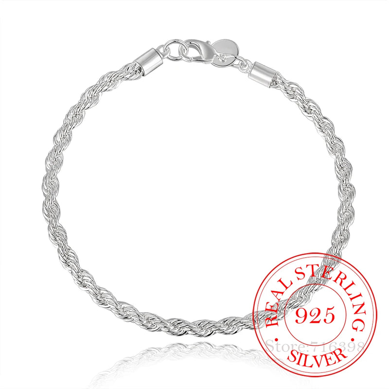 925 Sterling Silver Bracelet 4mm Twist Rope Chain Bangles for Men Women