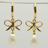 Real Pearl Jewelry Butterfly 8-9MM Bright Rice Freshwater Pearl Dangle Earrings