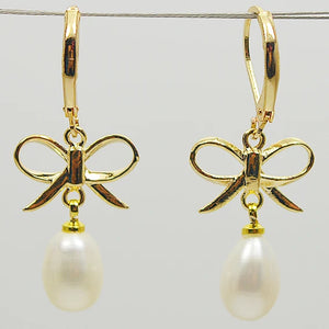 Real Pearl Jewelry Butterfly 8-9MM Bright Rice Freshwater Pearl Dangle Earrings