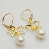 Real Pearl Jewelry Butterfly 8-9MM Bright Rice Freshwater Pearl Dangle Earrings