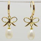 Real Pearl Jewelry Butterfly 8-9MM Bright Rice Freshwater Pearl Dangle Earrings