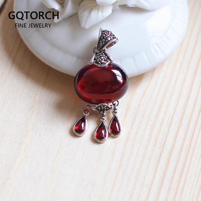 925 Silver Pendant Natural Garnet Stones Water Drop Vintage Crystal Pendant