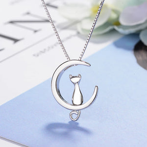 925 Sterling Silver Cat Moon Necklace Pendant Long Kitty for Women