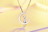 925 Sterling Silver Cat Moon Necklace Pendant Long Kitty for Women