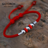 Sterling Silver Round Beads Red Rope Bracelet Men Women Tibetan String Gift