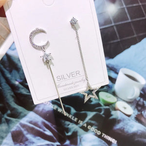 925 Silver Tassel Dangle Earrings Moon Drop Shaking Chain Star Zirconia