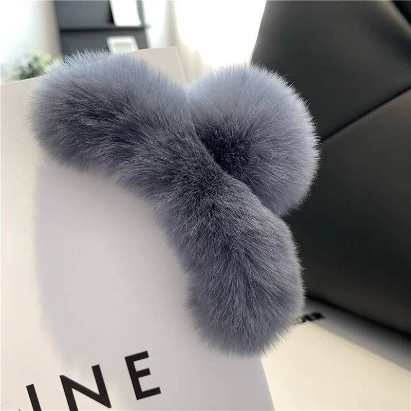 Pink Rex Rabbit Fur Hair Claw Large Clips Hairpins Cover for Women Girls Plush