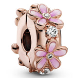 Rose Pink Daisy Spacer Crystal Clip Stopper Bead 925 Sterling Silver Charm