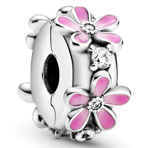 Rose Pink Daisy Spacer Crystal Clip Stopper Bead 925 Sterling Silver Charm