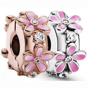 Rose Pink Daisy Spacer Crystal Clip Stopper Bead 925 Sterling Silver Charm