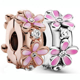 Rose Pink Daisy Spacer Crystal Clip Stopper Bead 925 Sterling Silver Charm