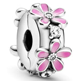 Rose Pink Daisy Spacer Crystal Clip Stopper Bead 925 Sterling Silver Charm
