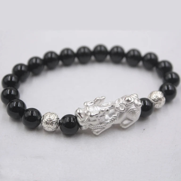 S925 Silver Pixiu Agate Bead Bracelet 8mm Luck Jewelry 6.5-7.5inchL