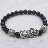 S925 Silver Pixiu Agate Bead Bracelet 8mm Luck Jewelry 6.5-7.5inchL