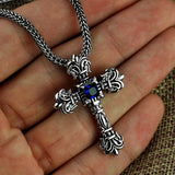 S925 Silver Flame Cross Pendant Necklace Retro Thai Style