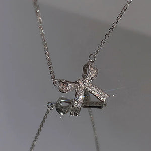 S925 Sterling Silver Bowknot Choker Necklace with Crystal Pendant