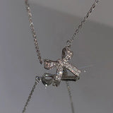 S925 Sterling Silver Bowknot Choker Necklace with Crystal Pendant