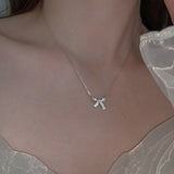 S925 Sterling Silver Bowknot Choker Necklace with Crystal Pendant