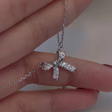 S925 Sterling Silver Bowknot Choker Necklace with Crystal Pendant