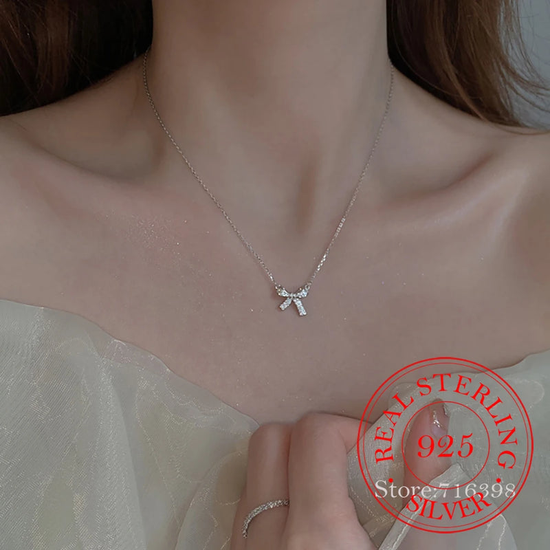 S925 Sterling Silver Bowknot Choker Necklace with Crystal Pendant