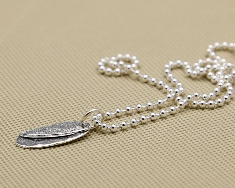 S925 Sterling Silver Feather Carving Tag Pendant