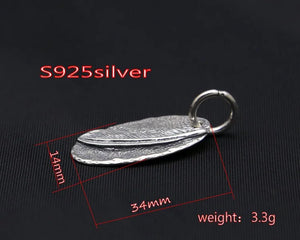 S925 Sterling Silver Feather Carving Tag Pendant