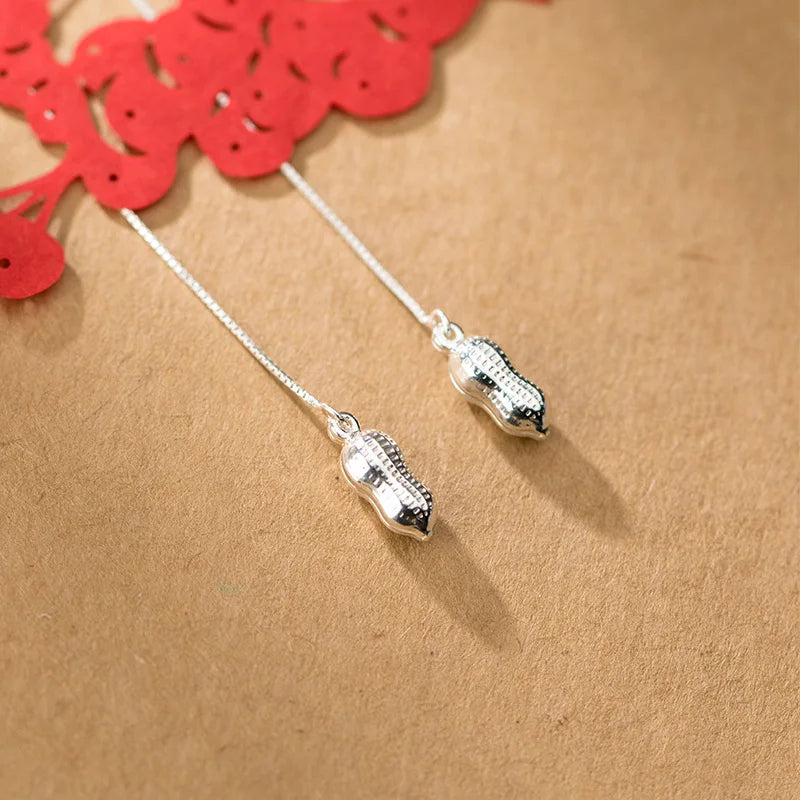 Real S925 Sterling Silver Long Ear Line Peanut Earrings