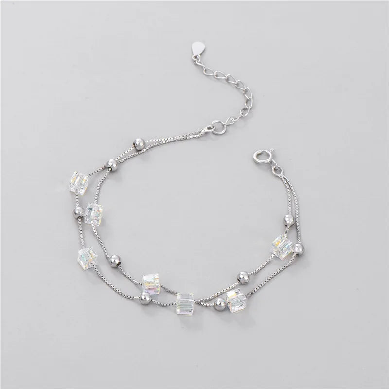 S925 Sterling Silver Sugar Cube Beads Double-deck Bracelet