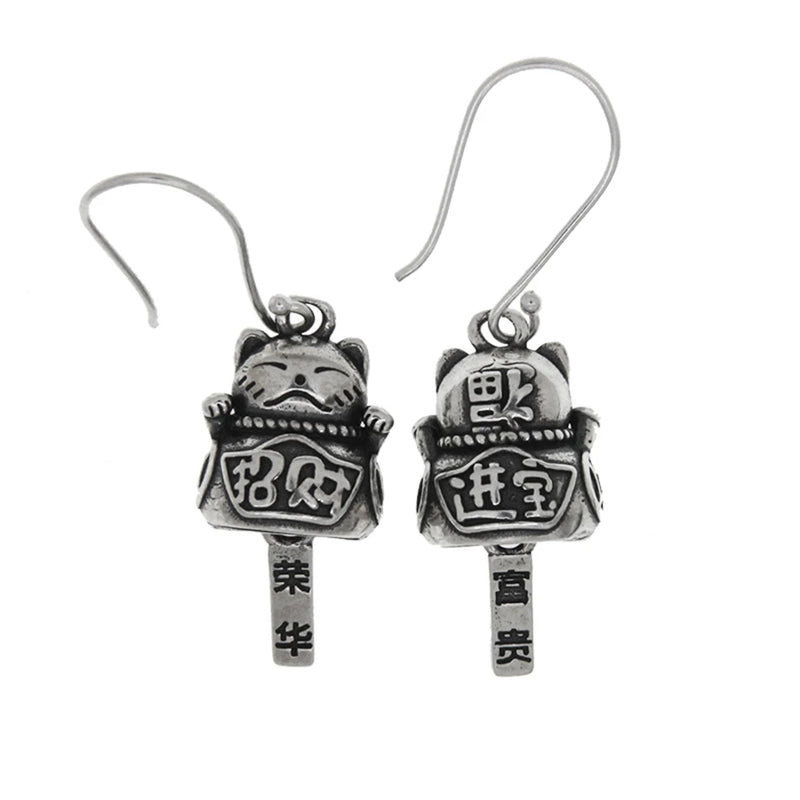 Fortunate Cat Dangle Earrings S925 Sterling Silver 26x12.5mm